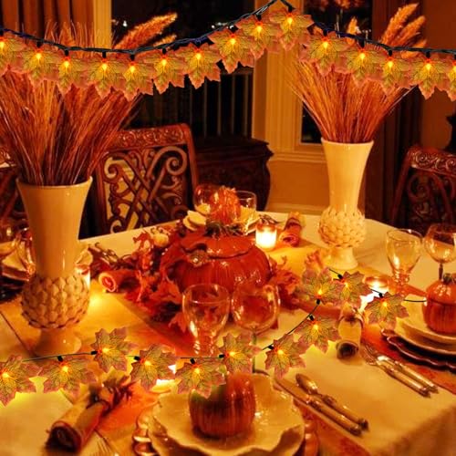 GOOTHY Orange Maple Leaf String Lights for Fall & Halloween Decor - 13.6Ft Outdoor LED Garland with 35 Leaves - Variation: Orange Leaf