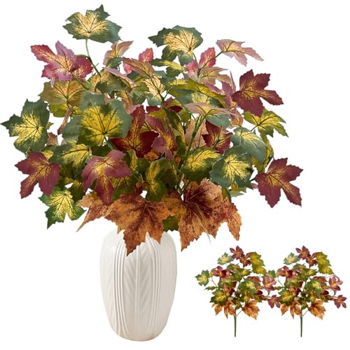 Artificial Maple Leaves Branches - Fall Decor for Thanksgiving & Halloween, 17.7in, Green-Yellow-Red
