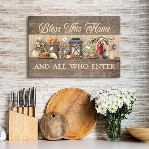 Bless This Home Farmhouse Wall Art Sign - Rustic Kitchen Decor 16x24 Inches