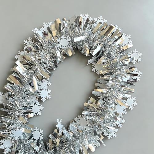 33FT Silver Christmas Tinsel Garland with Snowflakes for Holiday Decor