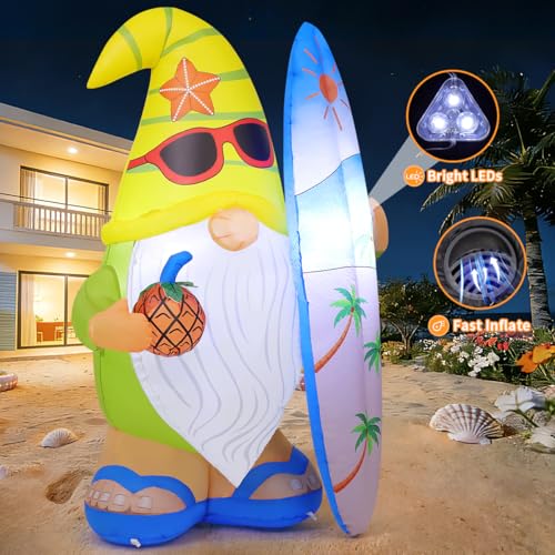 Inflatable Gnome Yard Decor with LED Lights, Surfboard & Pineapple - 5.2 FT Summer Outdoor Decoration