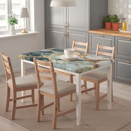 Marble Tablecloth with Elastic Edge - Natural & Golden Lines, 48 x 30 Inches