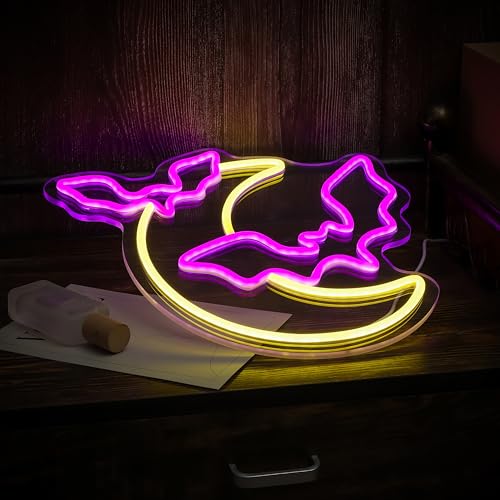 Halloween Neon Sign Moon and Bat LED Light - Halloween Party Decorations - Variation: Moon Bat