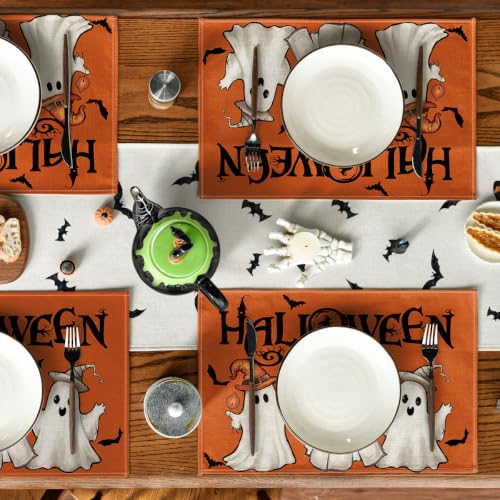 Halloween Placemats Set of 4 - Orange Ghost Boo 12x18 Inches Rectangular
