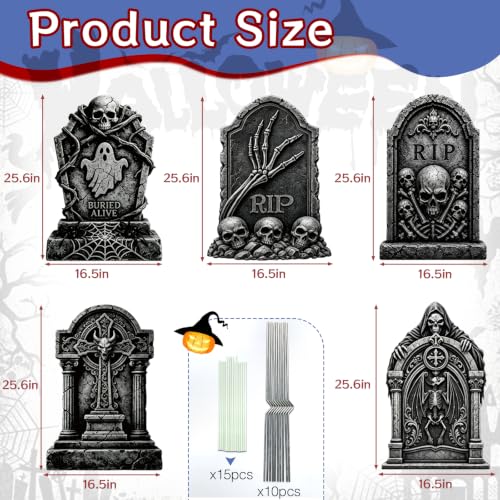 Halloween Tombstones Outdoor Decorations 5 Pack - Plastic Gravestones with Metal Stakes