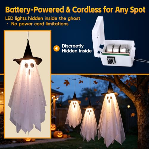 Yellow 3 Pack Halloween Ghost Decorations with Witch Hats & LED Lights Outdoor Decor