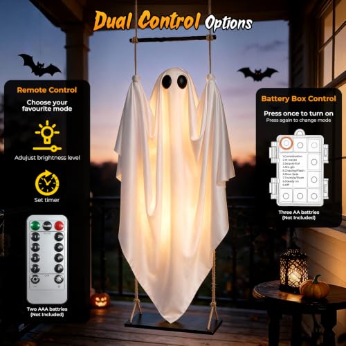 Halloween Hanging Ghost Decorations - 5 FT Swinging Ghosts with Adjustable Arms & 8 Light Modes - White, Outdoor & Indoor, 2 Pack