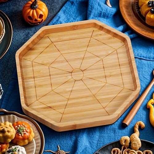 Octagon Bamboo Serving Tray with Spider Web Design - Halloween Snack Platter, 10x9 inches