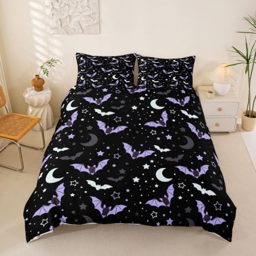 Purple Bat Halloween Duvet Cover Set - Moon Stars Galaxy Bedding, Queen Variation 13