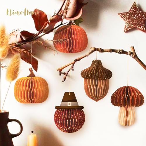 Fall Thanksgiving Honeycomb Ornament Set - 5Pcs Autumn Decor with Orange & Brown Variations