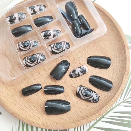 Press On Nails Short Coffin Fake Nails with Flower Design - Variation 19, 24 Pcs