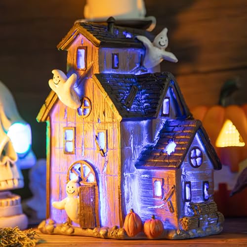 Halloween Haunted House Decor with LED Lights - Resin Spooky Village Figurine