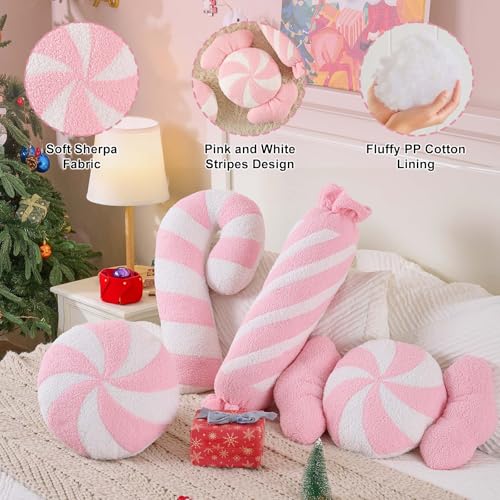Pink Christmas Candy Pillows Set of 4 - Festive Long Lumbar Throw Cushions for Sofa & Bedroom - Holiday Decor