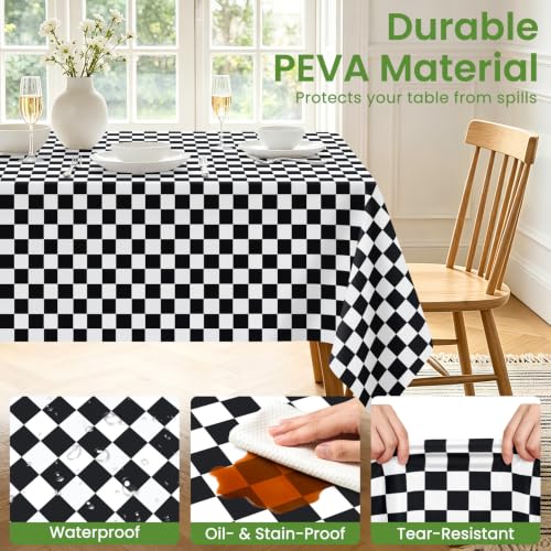 White and Black Checkered Disposable Plastic Tablecloths - 2 Pack, Waterproof, 54 x 108 inches, Rectangular for Parties