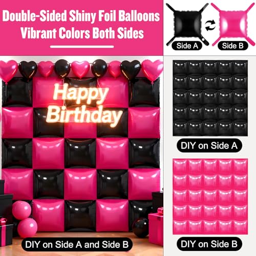 Hot Pink and Black Square Foil Balloon Wall Kit - 36pcs Party Backdrop Variation