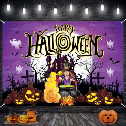 Purple Halloween Witch Banner - Large Spooky Backdrop with Potion Jars & Castle - Witch Variation