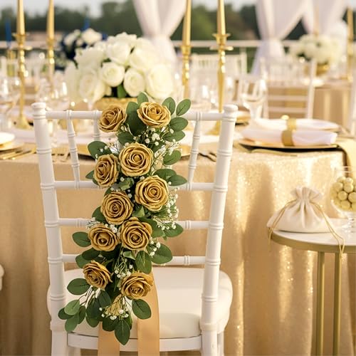 Gold Artificial Roses Bouquet - 14 Silk Roses with Bendable Stems