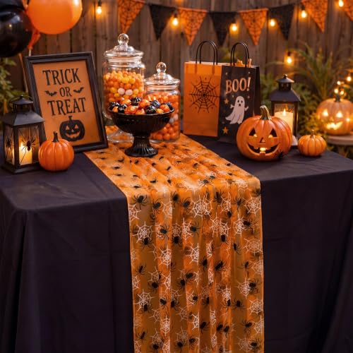 Halloween Orange Spider Web Table Runner Set - 4 Pcs 29x70 Inch Lace Decor - Spider Variation
