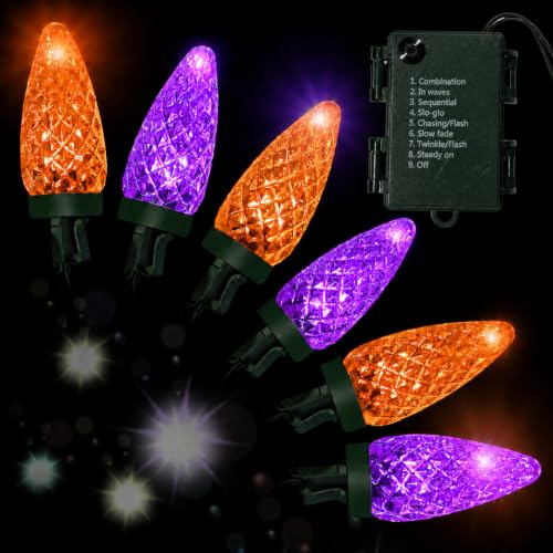 Halloween String Lights Battery Operated 29.5 Ft 100 LEDs C6 Color Change with 8 Modes - Orange
