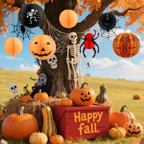 Halloween Hanging Decorations Set - Jack-o'-Lanterns Spider Skeleton Paper Lanterns - Classic Set