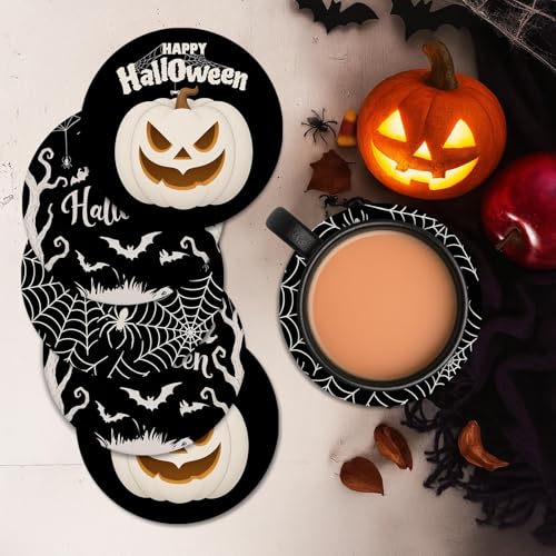 Halloween Coasters for Drinks Set of 6 Ceramic Stone with Cork Bottom & Holder - Black Variation