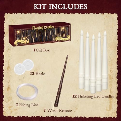 Floating Candles with Wand Remote - 12 Pcs Flickering Light & Hooks, Magic Decor