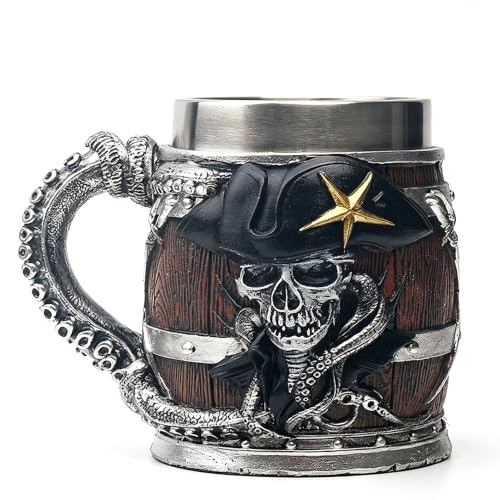 Wooden Barrel Skull Beer Mug 15.8 oz Stainless Steel Liner - Beer Gift