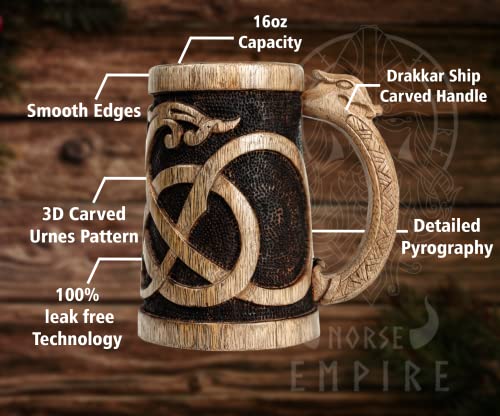 Norse Empire Wooden Beer Mug 20Oz Urnes Style Handcrafted Viking Gift - Carved Mug Variation