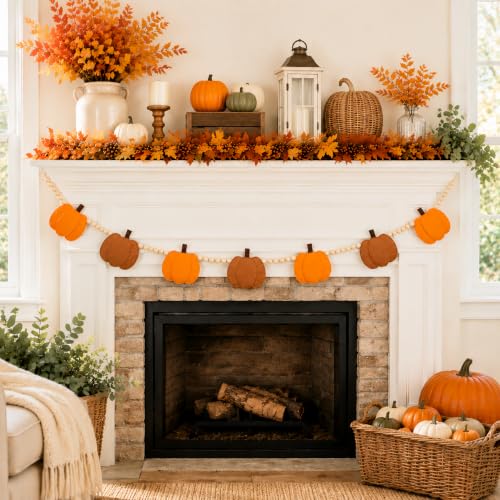 Fall Felt Pumpkin Bead Garland with Wooden Beads for Home Decor - Rustic Autumn Decoration
