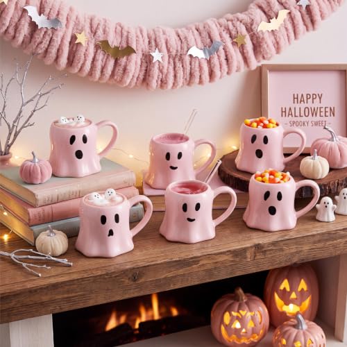 Pink Ghost Coffee Mug Set - 6 Pcs Halloween Ceramic Cups 11 oz - Ghost Face