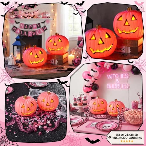 Pink Light Up Halloween Jack O Lantern Decor Set of 2 - Indoor & Outdoor