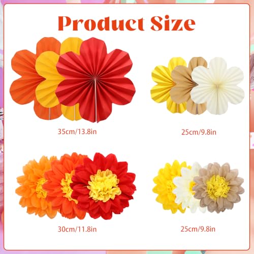 Dark Orange Red Paper Flower Fans & Pompoms Set for Fall Party Decorations - 12PCS