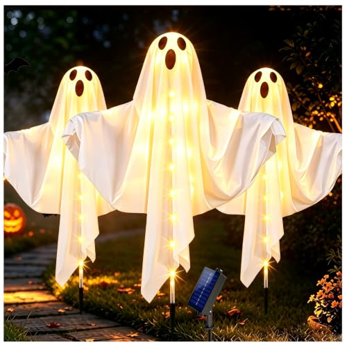 3-Pack Solar Halloween Ghost Pathway Lights with Adjustable Arms - Warm White, Waterproof, 25 Inches Tall