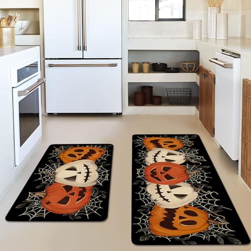 Halloween Kitchen Rugs Set of 2 - Black Pumpkin Spider Web Floor Mats - Halloween Non-Slip Washable Home Decor - Pumpkin Variation