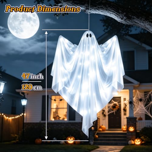 Halloween Hanging Light Up Ghost - 47-Inch White Swinging Ghost with LED, Waterproof Outdoor Decor - Variation: Cool White