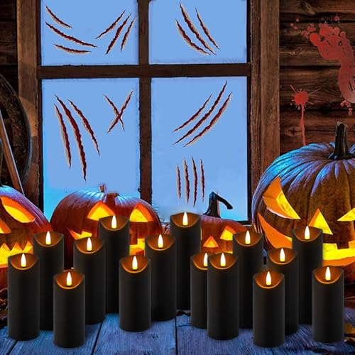 Flickering Flameless Candles Set - Battery Operated LED Pillar Candles with Remote & Timer - Ivory & Black, 12 Pack