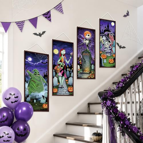 Halloween Decorations Set - 4 Retro Holiday Porch Banners for Doorway & Wall Decor