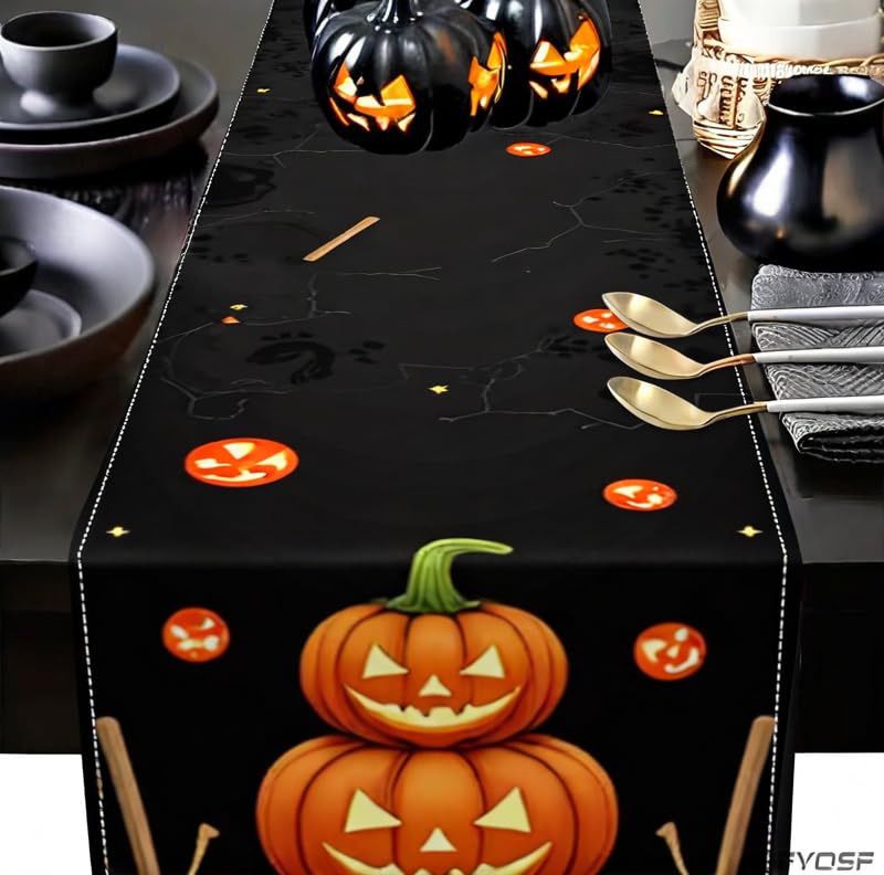 Halloween Table Runner - Stacked Jack-O'-Lantern Pumpkins with Witch Broom Design, 13x72 Inch, Fall Home Decor - Pumpkin & Broom Variation