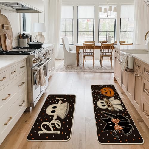 Halloween Pumpkin Kitchen Mats Set of 2 - 24x35 & 24x59 Black