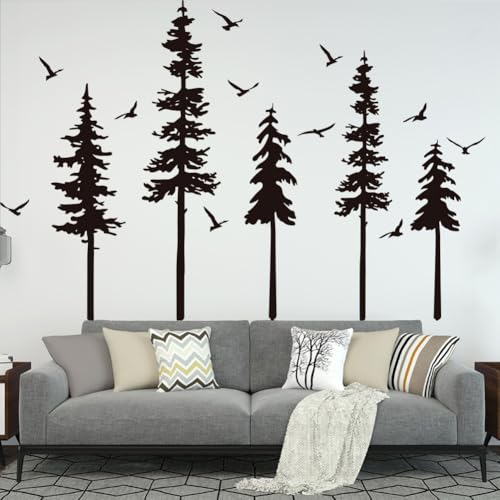 Black Forest Tree Wall Decals with Birds - Peel and Stick Woodland Mural for Bedroom