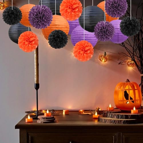 Halloween Paper Lanterns & Tissue Pom Poms Set - Black Orange Purple 18 Piece