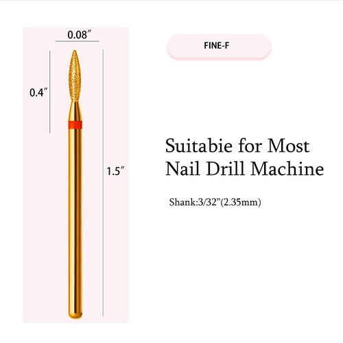 ERUIKA 10pcs Diamond Flame Titanium Cuticle Drill Bits Set, Professional Cuticle Nail Drill Bits for Dead Skin 3/32'' Nails Dry Manicure Pedicure Shape Remove Nail Salon Tools(Gold, Fine-F)