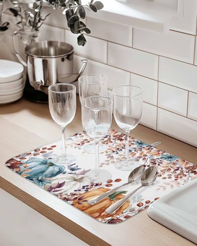 Fall Dish Drying Mat for Kitchen Counter with Pumpkin & Eucalyptus - 18x24 Inches, Absorbent & Non-Slip