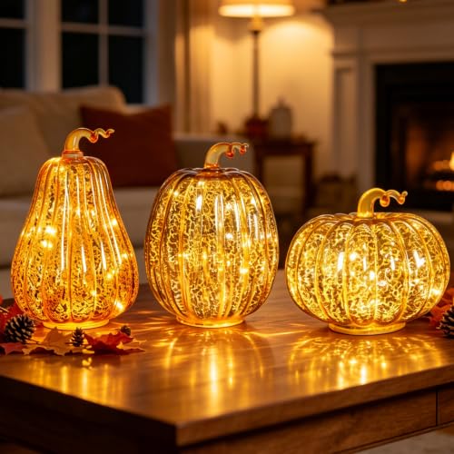 Lighted Mercury Glass Pumpkins Set - Gold Halloween Fall Decor 3pcs