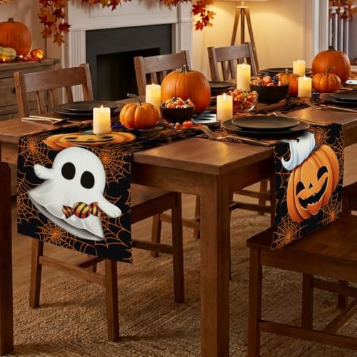 Halloween Table Runner Ghost Pumpkin Spider Web 13x72 Inches - Black & Orange