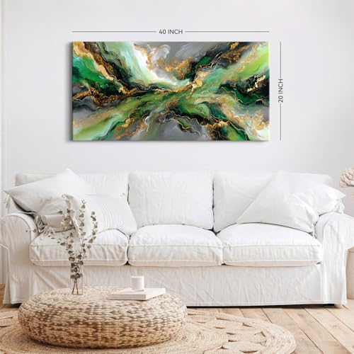 Emerald Green Abstract Wall Art - 40x20 Inch Canvas Painting with Gold Accents - Variation: Abstract03