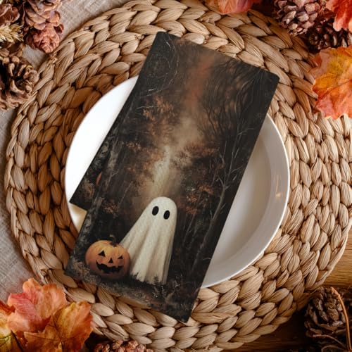 Halloween Ghost Pumpkin Kitchen Towel Set - Vintage Rustic Hand Towels for Bathroom & Kitchen - 16x24 Inch - Ghost Variation