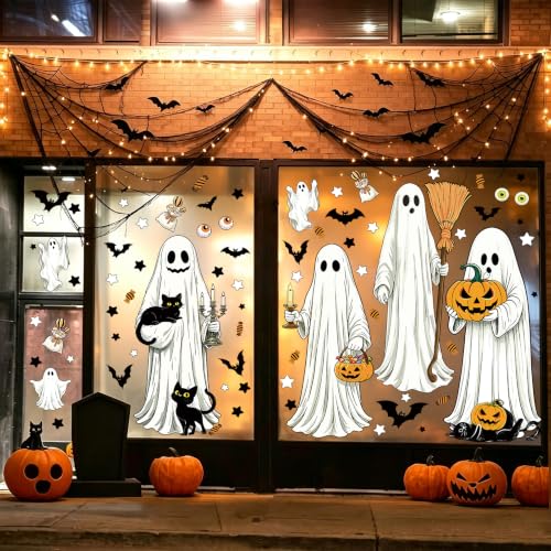 Large Ghost Halloween Window Stickers - White, 8 Sheets for Indoor & Outdoor Decor