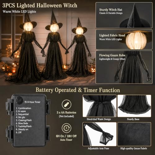 5 Ft Halloween Witch Decorations Set of 3 Light Up Holding Hands Outdoor Yard Garden Haunted House