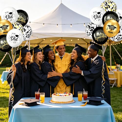 Printed Graduation Balloons 61pcs Black Gold Silver Confetti Latex Party Decorations